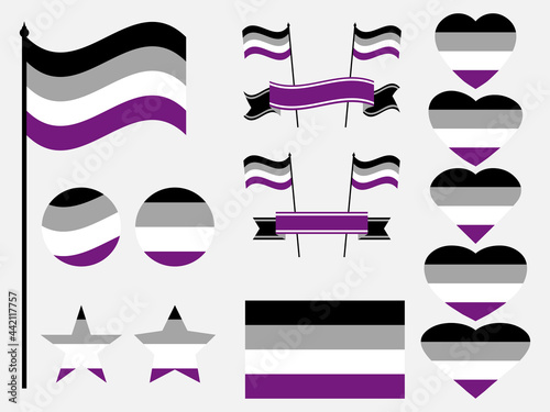 Asexual Pride Flag collection of symbols. Hearts  stars and circles with asexual flag. Sexual minorities. Design for banner and poster. Vector illustration