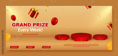 Realistic grand prize banner template with podium and gift box