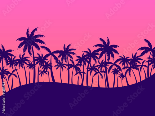 Evening landscape with palm trees. Silhouettes of palm trees at sunset. Tropical summer landscape. Design for advertising brochures, banners, posters, travel agencies. Vector illustration