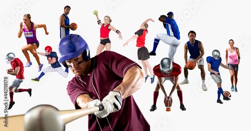 Composition of group of sportsmen and sportswomen on white background