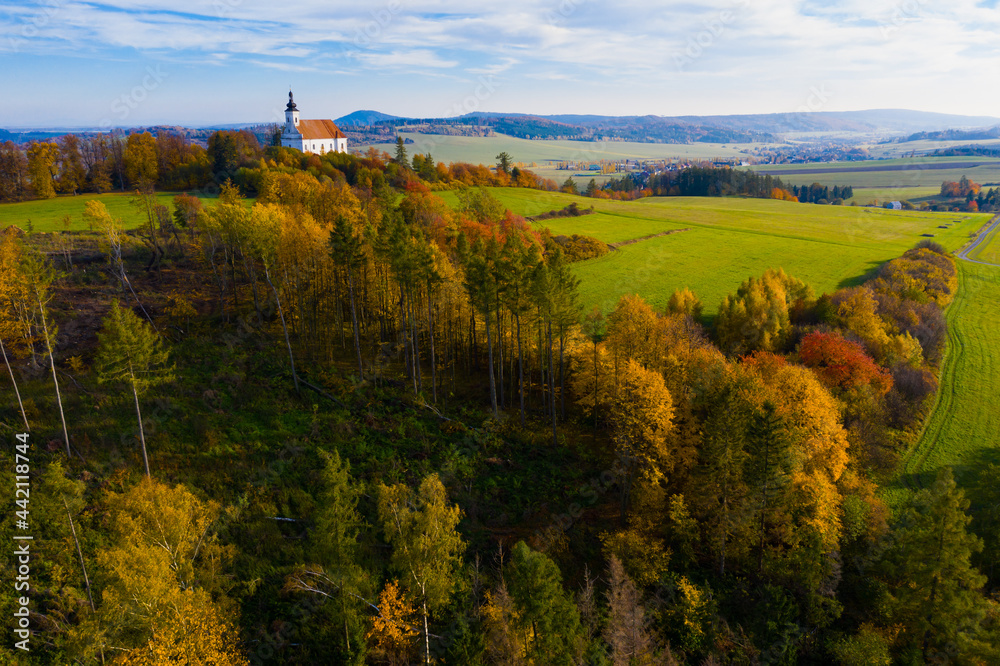 Autumn views of the Czech Republic. Aerial view of church Panny Marie.