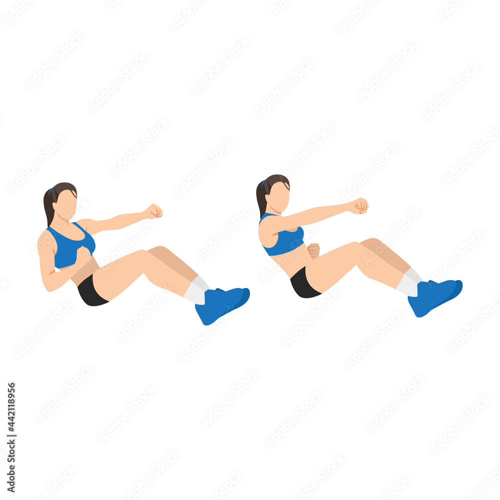 Fototapeta premium Woman doing Seated punches exercise. Flat vector illustration isolated on white background