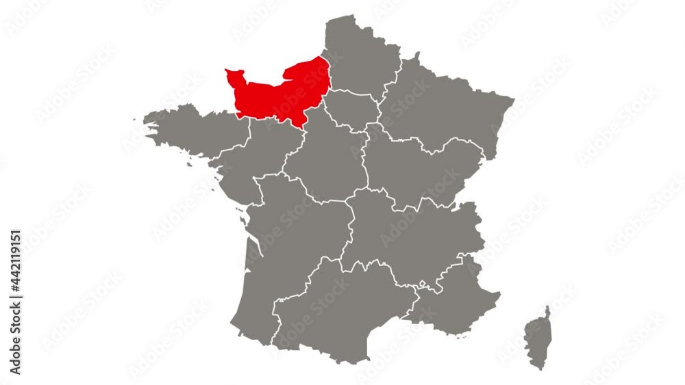 Normandy region blinking red highlighted in map of France Normandy region blinking red highlighted in map of France
