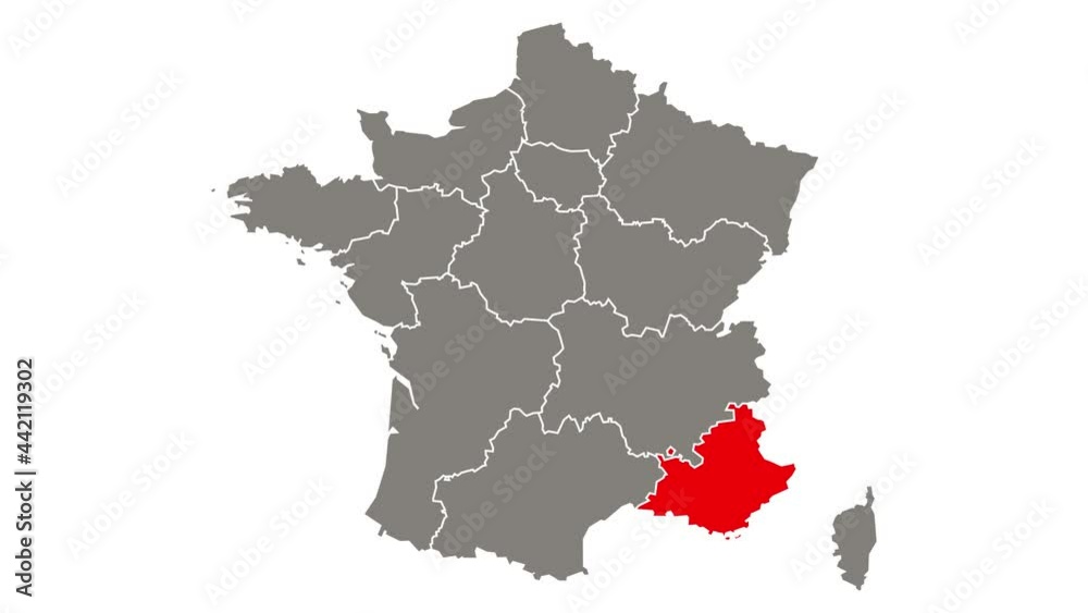 Provence - Alpes - Cote d'Azur region blinking red highlighted in map of France Provence - Alpes - Cote d'Azur region blinking red highlighted in map of France