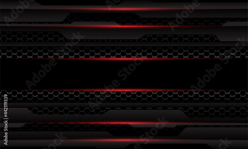 Abstract dark grey metallic cyber geometric red light hexagon mesh overlap black design modern futuristic technology background vector illustration.