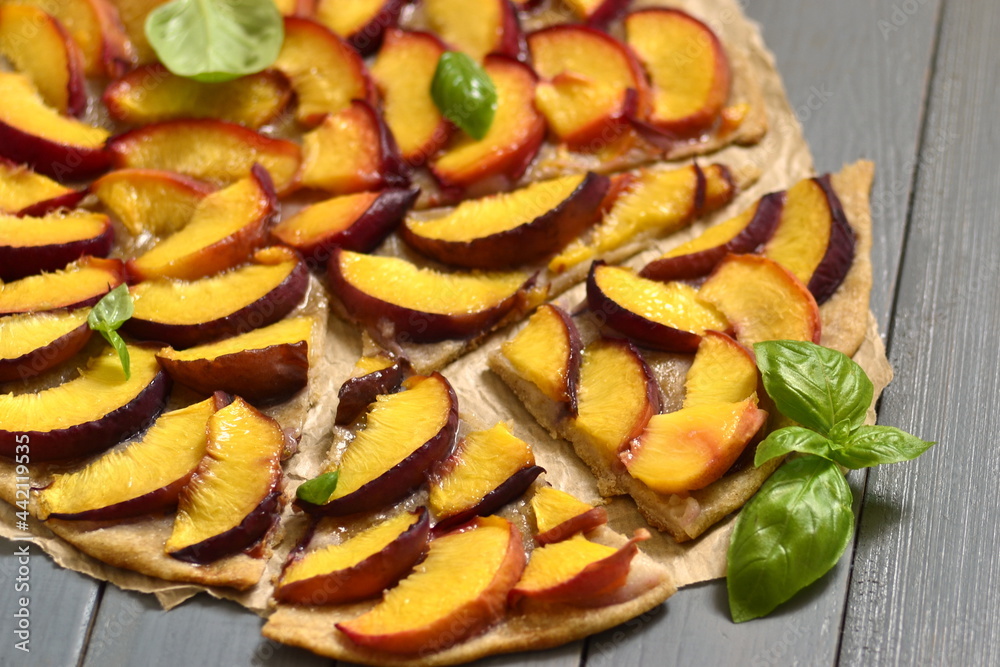 Crostata with peaches and fresh basil, tart Crostata with peaches and fresh basil, tart