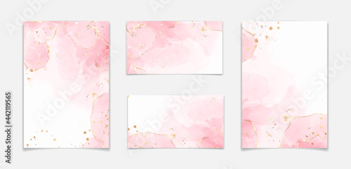 Abstract blush pink liquid watercolor background with golden glitter stains and lines. Rose marble alcohol ink drawing effect with gold foil. Vector illustration template for wedding invitation photo