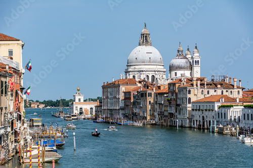 View of the Grand Canal with close up of Santa Maria della Salute  famous Roman Catholic cathedral  seen from Ponte Dell Accademia