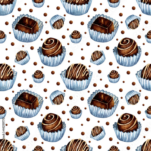 Watercolor illustration of chocolate candy pattern. Seamless repeating sweetness prin. Design for the holidays. Isolated on white background. Drawn by hand.