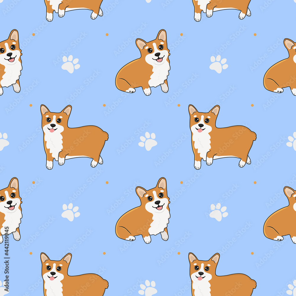 Seamless pattern with corgi and paws. Cartoon home pet, set of cute puppies for print, posters and postcard. Vector corgi animal background. Funny little doggy seamless pattern