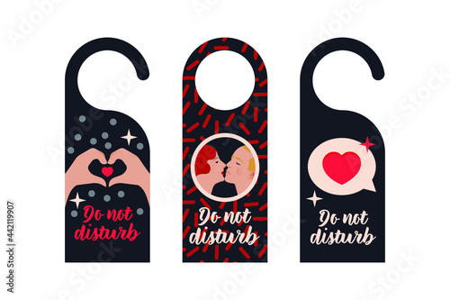 Do Not Disturb. Hang Door Sign Set. Modern Flat Vector Illustration. Heart Shape Gesture, Kissing Couple in Round Shape, Chat Box with Heart. Hotel Service Card.