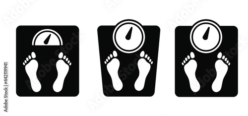 Diet scale or weighing scale. Balance concept. Vector fitness sport pictogram. Bathroom weight scale icon. World diabetes day. People on unhealthy with overweight, obesity problem. Fat, calories.