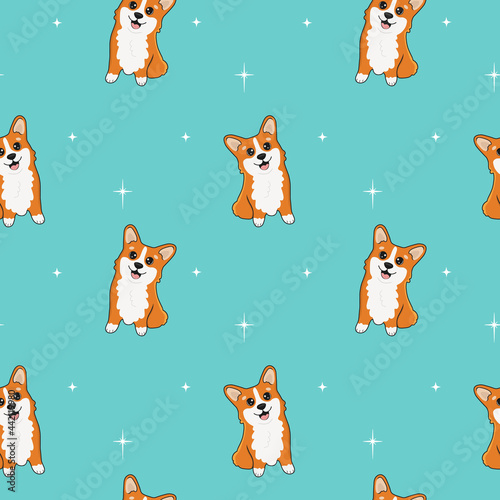 Seamless pattern of cute welsh corgi. Cartoon design animal character flat vector style. Baby texture for fabric, wrapping, textile, wallpaper, clothing. Cartoon corgi with stars. Funny little doggy.