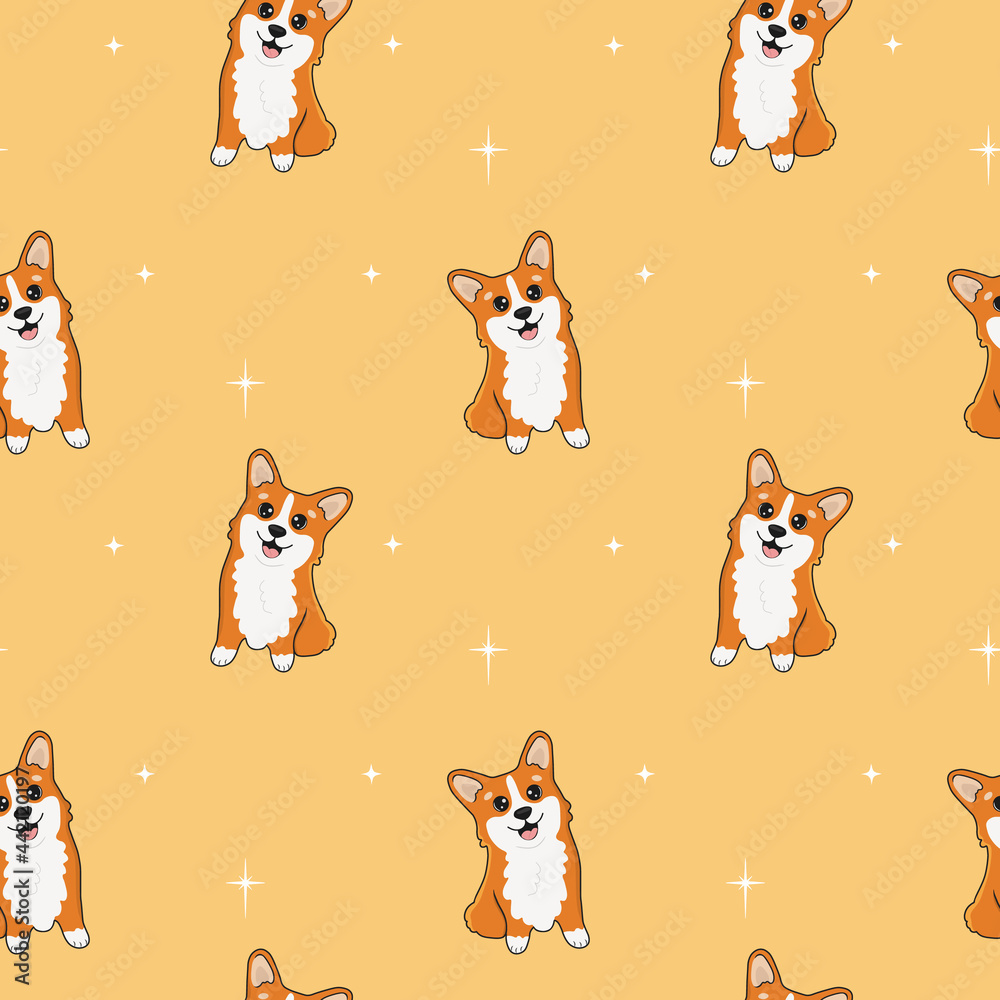 Seamless pattern of cute welsh corgi. Cartoon design animal character flat  vector style. Baby texture for fabric, wrapping, textile, wallpaper,  clothing. Cartoon corgi with stars. Funny little doggy. Stock Vector | Adobe