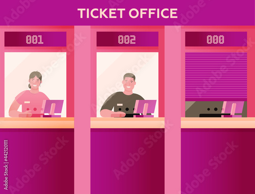 Vector Flat Illustration of Ticket Office with Smiling Female and Male Operators and with Signs for Next Clients. Open and Close Ticket Office. Ticket Service, Cash Desk with Cashiers.