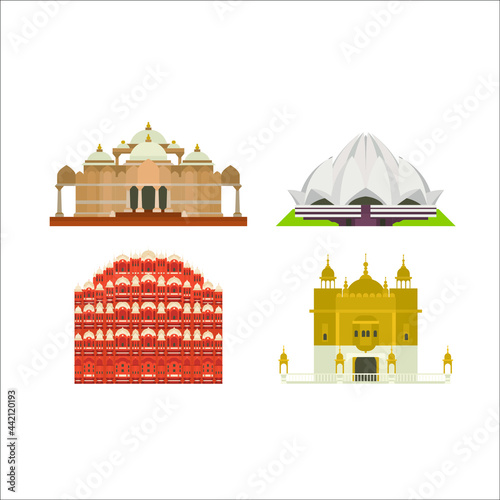 Cartoon symbols of India. Popular tourist architectural object. India icons set.