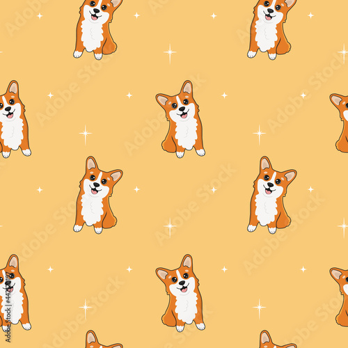 Seamless pattern of cute welsh corgi. Cartoon design animal character flat vector style. Baby texture for fabric, wrapping, textile, wallpaper, clothing. Cartoon corgi with stars. Funny little doggy.