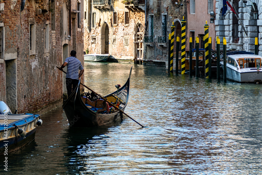 Venetian gondolier, rowing a traditional gondola through the green canals of Venice, Italy