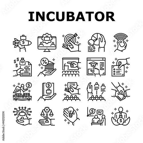 Business Incubator Collection Icons Set Vector. Incubator Education Resource And Training, Marketing Assistance And Strategic Partners Black Contour Illustrations