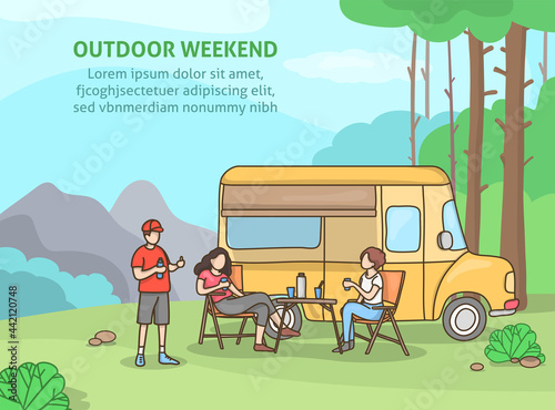 Outdoor recreation. Weekend in the forest. Camping with a family trailer-caravan on the background of the natural landscape. A place for your text. Vector illustration in the doodle style. Template.