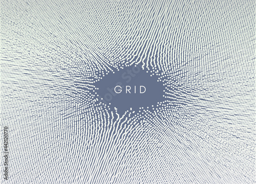 Small particles strive out of center. Array with dynamic particles. Abstract grid design. Vector illustration in technology style. Can be used for science or education.