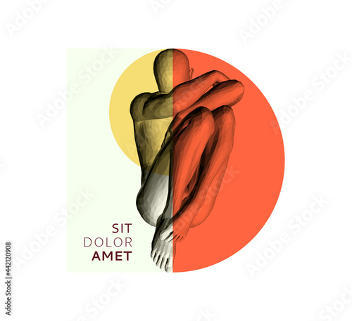 Full length view of sad stressed man sitting with hands on knees. Time for reflection. Man thinks about a problem. Despair, depression, hopelessness or addiction concept. 3D vector illustration.