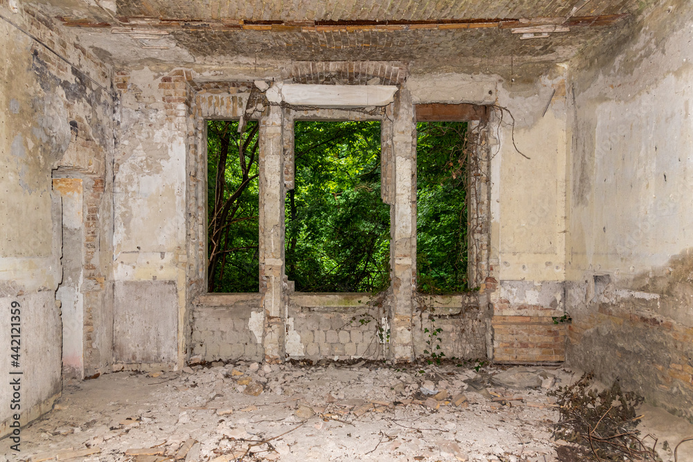 A dilapidated abandoned building. Derelict houses