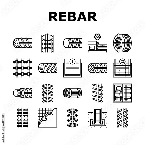 Rebar Construction Collection Icons Set Vector. Threaded And Hardened Steel Fittings, Metal And Basalt Rebar Production, Concrete Floor And Wall Black Contour Illustrations