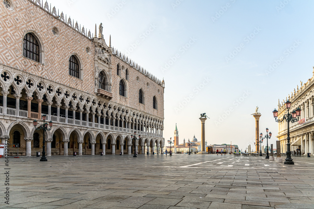 View of Doge's Palace from the St Mark's Square on a beautiful morning in Summer in Venice, Italy