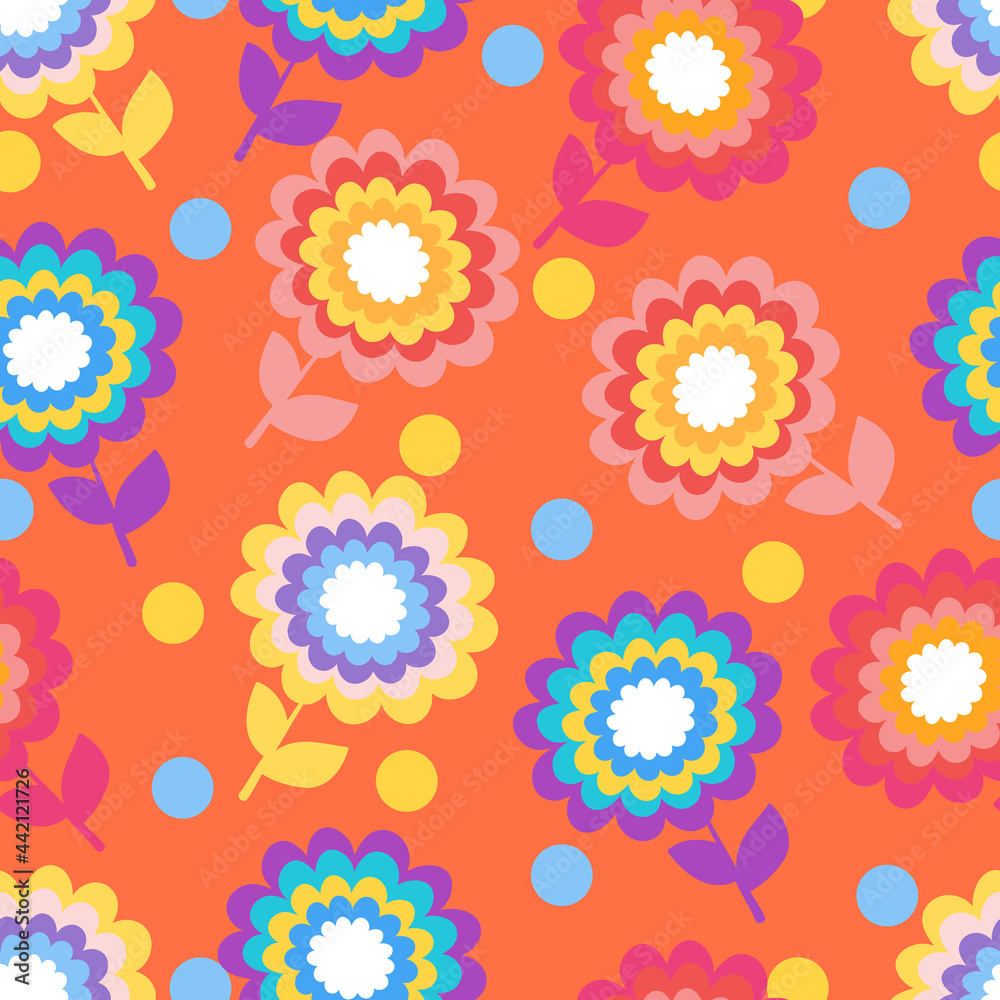 Layered colorful cartoon flowers seamless pattern