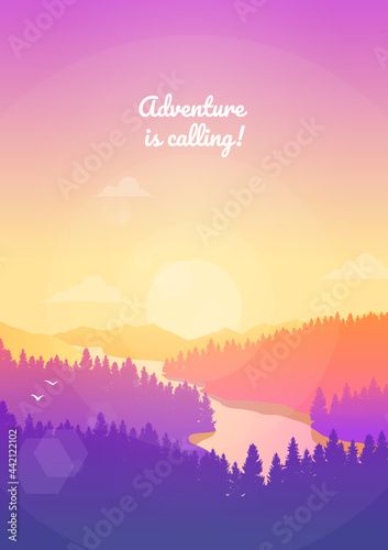 Mountain landscape. Tourist flyer, background, booklet. Adventure, hiking, camping, vacation. Abstract landscape, Vector banner with polygonal landscape illustration, Minimalist style, Flat design
