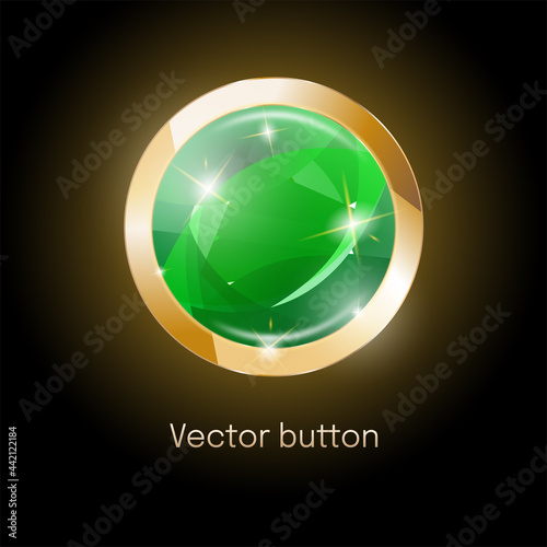 3D round crystal green button with glowing gold frame.
Adamand and gold is premium. Vector illustration.