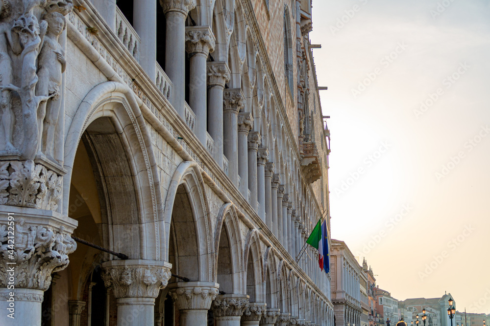 Idyllic view of Doge's Palace on the St Mark's Square on a beautiful morning in Summer in Venice, Italy