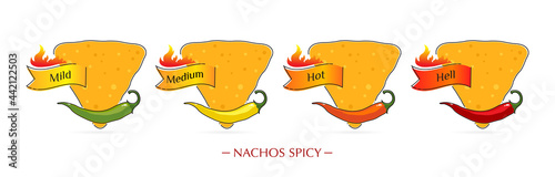 set of spicy nachos with chili peppers of different tastes. Red, orange, yellow and green chili peppers. Vector, illustration