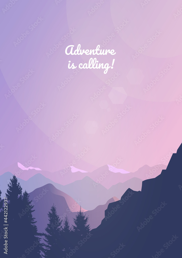 Fototapeten Lila Lila - Mountain landscape. Travel flyer, background, booklet. Adventure, hiking, camping, vacation. Abstract landscape, Banner with polygonal landscape illustration, Minimalist style, Flat design #442122937