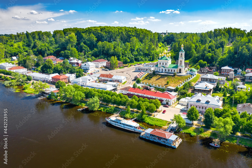 Aerial drone view of ancient russian town Ples with Church of the Ressurection on the Volga river