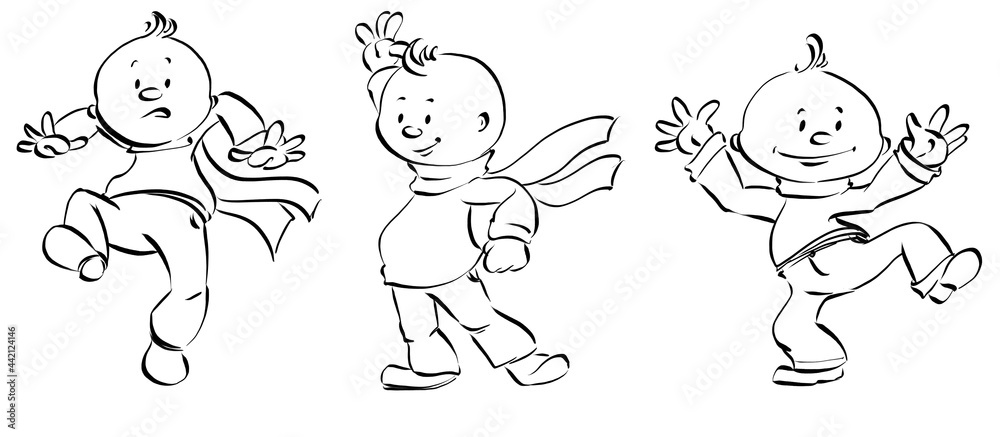 Set of illustrations with funny little mans in doodle style. Black -white illustration for postcards, banner, book isolated on white background. Set of illustrations with funny little mans in doodle style. Black -white illustration for postcards, banner, book isolated on white background.