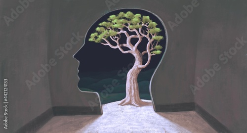 Photography Canceptual 3d illustration, Concept art of brain thinking mind spiritual soul na