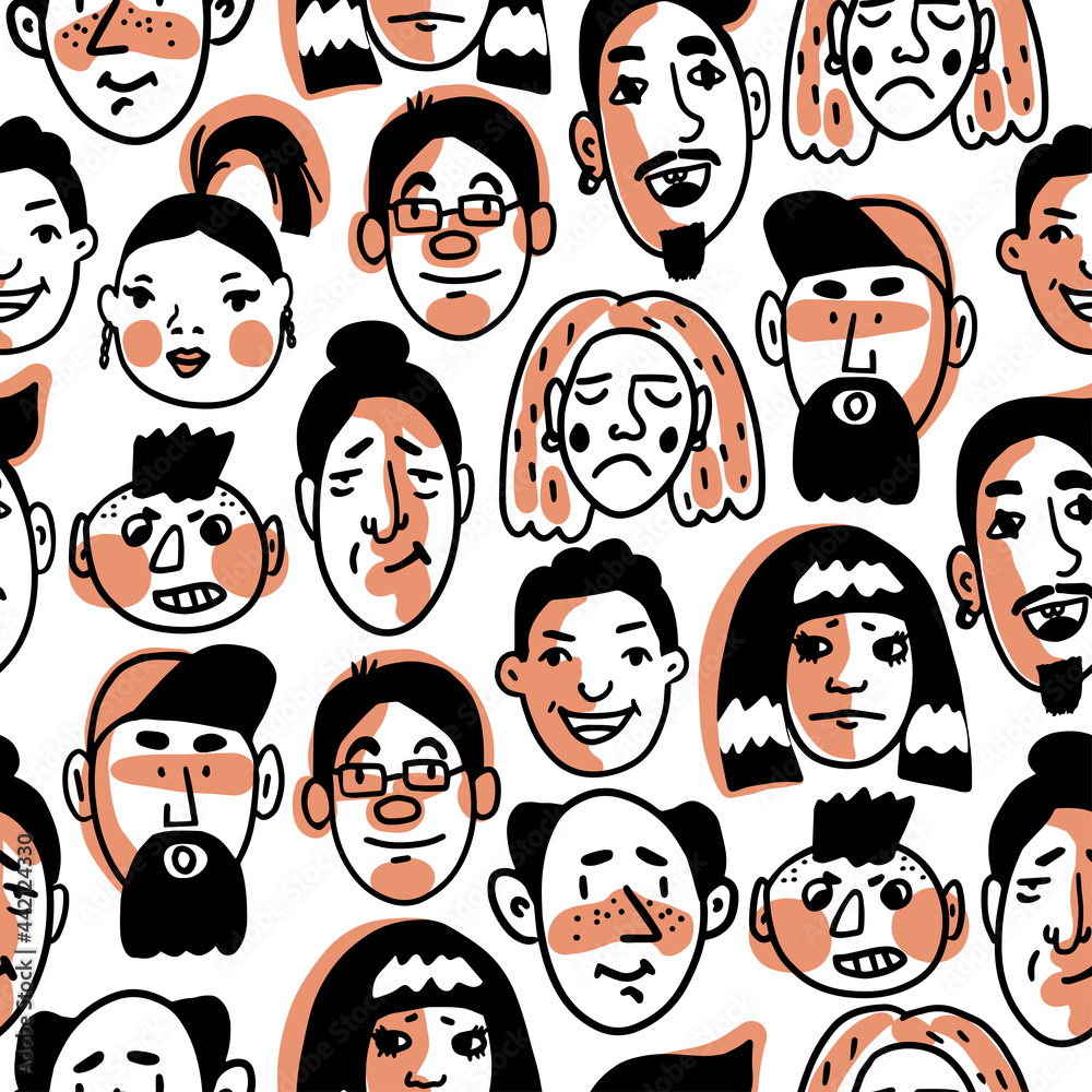 Seamless pattern of many different human faces with various expressions. Design for textile or wrapping paper. Doodle style vector illustration Seamless pattern of many different human faces with various expressions. Design for textile or wrapping paper. Doodle style vector illustration