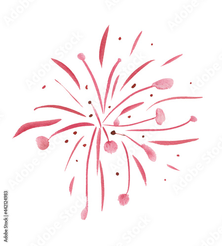 Red fireworks isolated on white background, painted in watercolor.