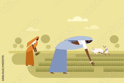 Illustration of  two women planting seedlings and a man plowing the field with bullocks