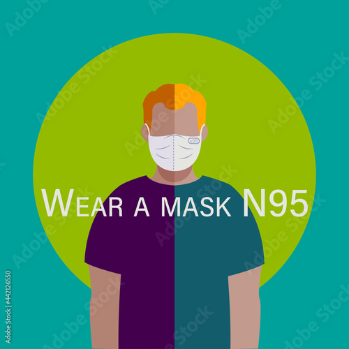 Wear a mask. Flat illustration. Poster, infographic, face mask n95. Covid-19 vector art. Sticker man in mask. Sign for visitors.