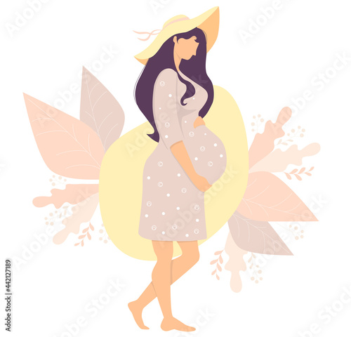 Happy pregnant girl in sun hat hugs her belly. Isolated on decorative background. Vector illustration. Female health and pregnancy concept