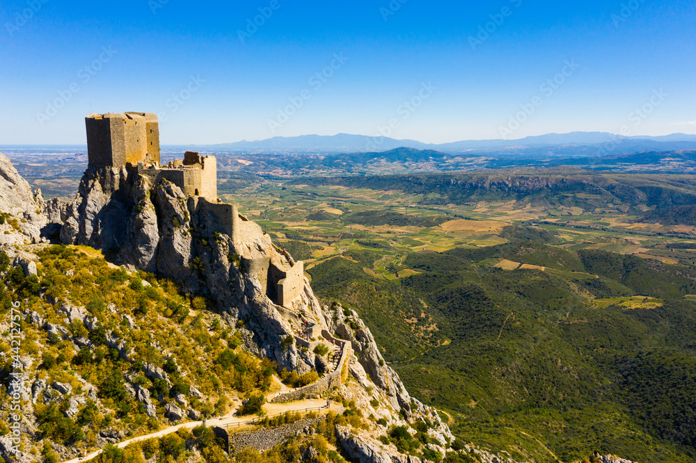 View of medieval Chateau de Queribus castle. Aude department. Languedoc-Roussillon region. France