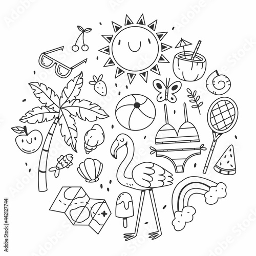 Set of items on the theme of summer and the beach in the shape of a circle in a cute cartoon doodle style. Vector black and white illustration isolated on white background.