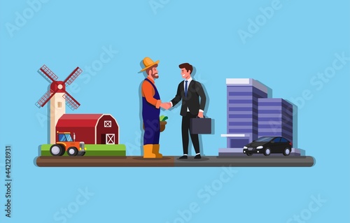 Farmer and Businessman shaking hand betweeen farm and office building agreement contract partnership illustration vector