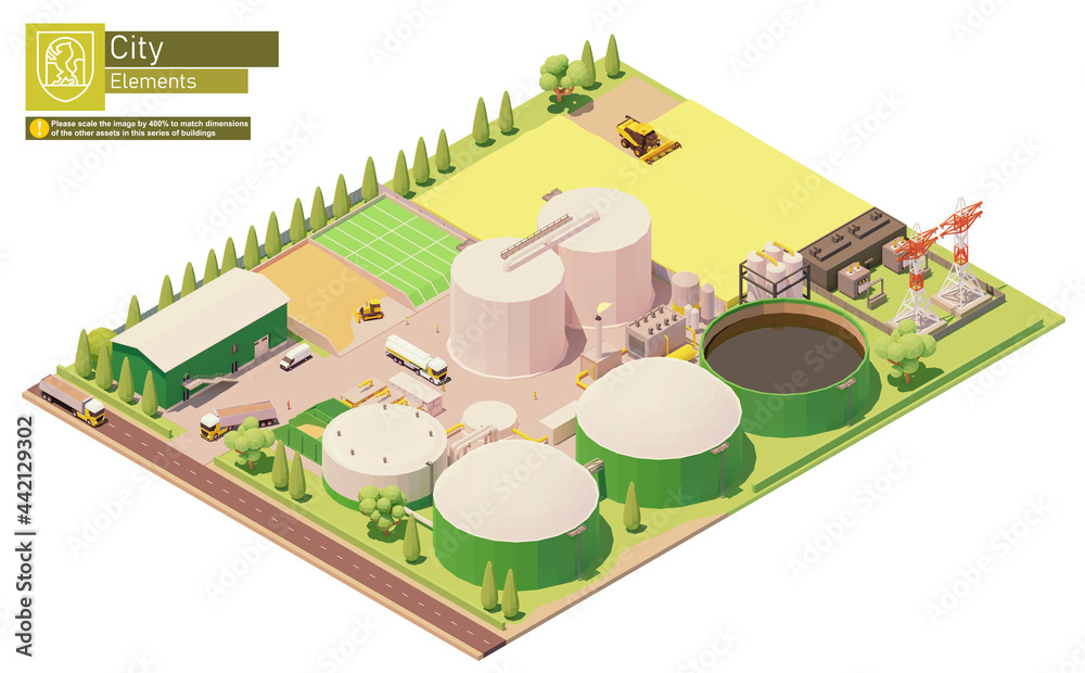 Vector isometric biogas power plant. Biogas plant production from agricultural waste and biomass. Electricity production. Combine harvester working on rapeseed field