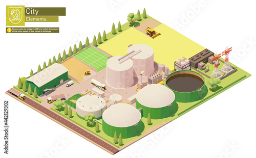 Vector isometric biogas power plant. Biogas plant production from agricultural waste and biomass. Electricity production. Combine harvester working on rapeseed field photo