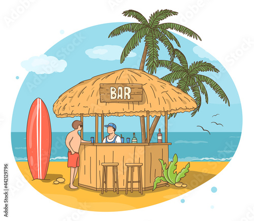 Bungalow with a bar on the beach. The bartender at the bar and the surfer drinks a soft drink. A beach bar, a restaurant on the seashore, the concept of service in a beach club. Doodle style.