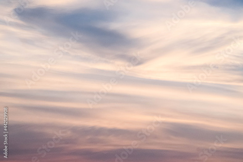 Evening sky sunset. big puffy cumulus and long stratus clouds. sky background with clouds